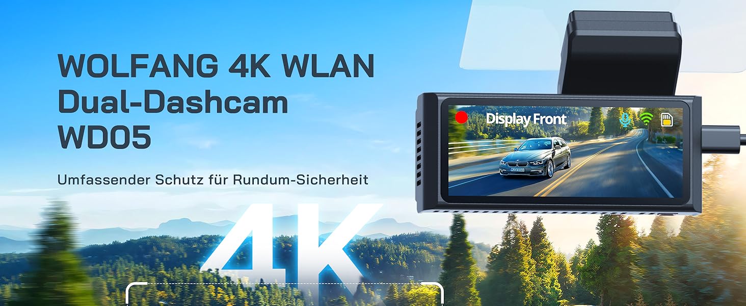 Автомобільний відеореєстратор WOLFANG 4K з WiFi, передня та задня камери, 3