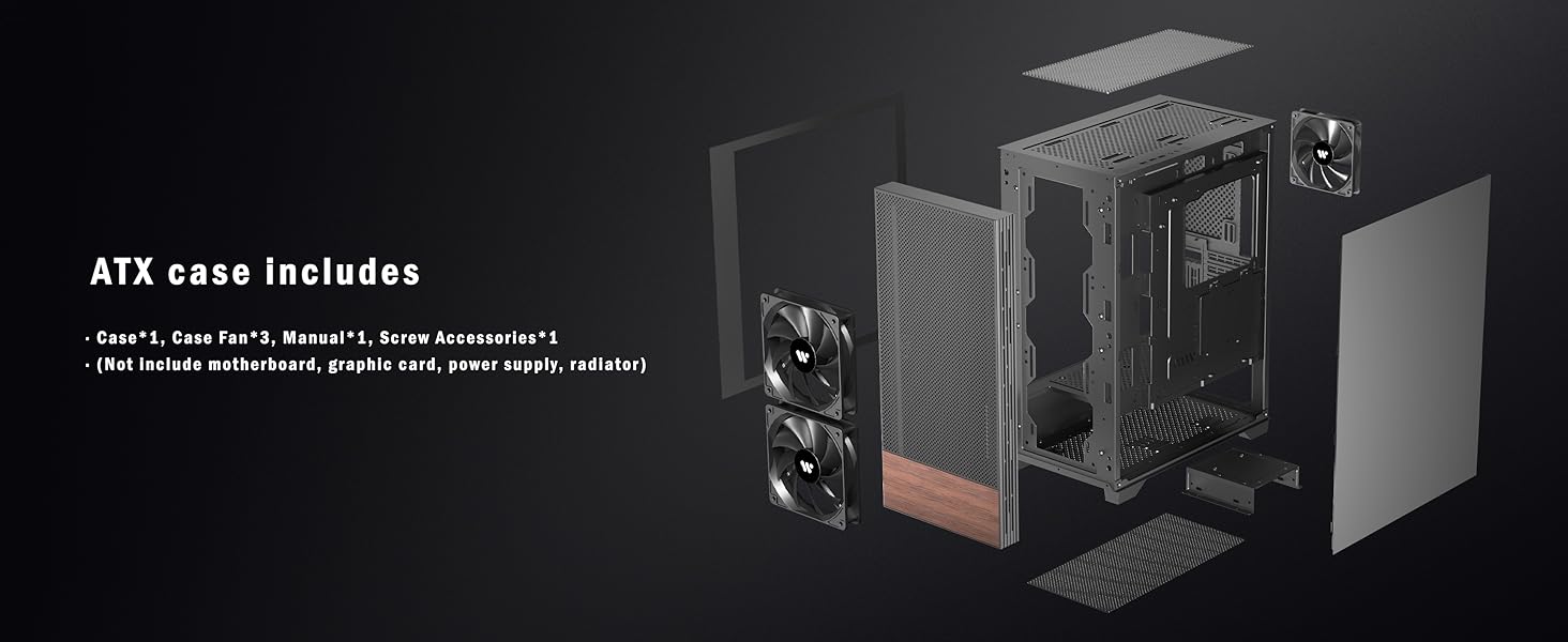 Корпус ПК KEDIERS ATX Tower для ігрового комп'ютера з загартованим склом (чорний, 3 вентилятори без LED)