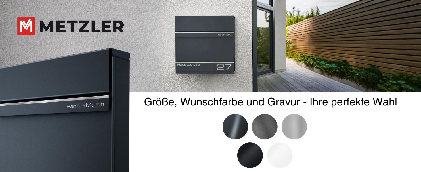 Поштова скринька Metzler Hermann Anthrazit RAL 7016 з газетницею та номерним знаком – персоналізована лазерним гравіюванням. Сучасна водонепроникна та антикорозійна поштова скринька