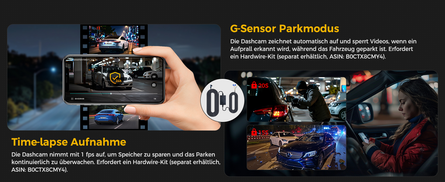 Відеореєстратор GKU Dashcam Auto: 4K+1080P, WiFi 2.4/5GHz, SD 64GB, Паркувальний режим, Нічне бачення, WDR, 170° Кут огляду, G-сенсор, Циклічна запис, Керування через APP, Чорний
