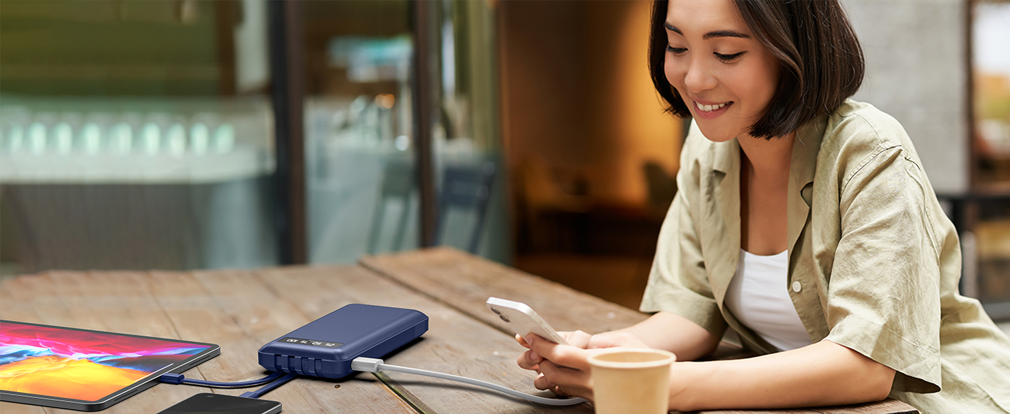 Powerbank 26800mAh з 4 вбудованими кабелями, 22.5W, LED дисплеєм та підставкою, блакитний. Сумісний з iPhone, iPad, Samsung Galaxy.