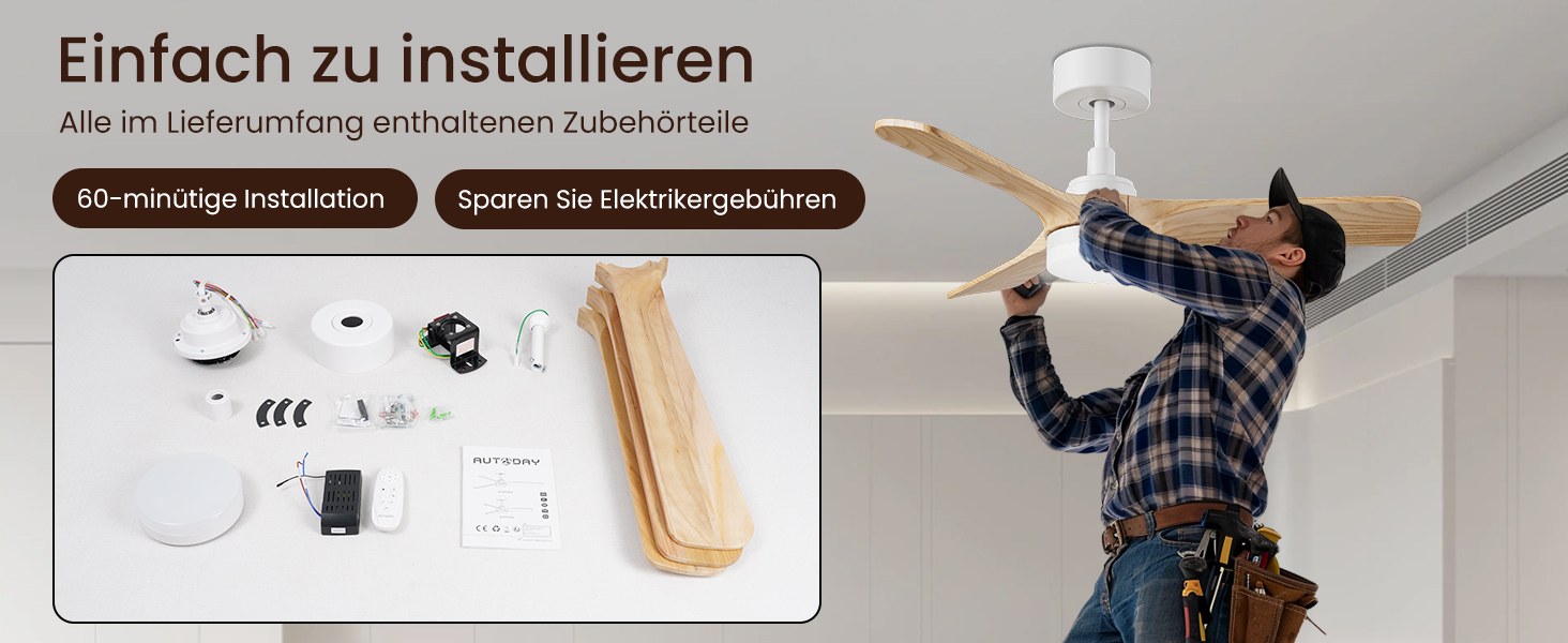 Стеляний вентилятор Holz з підсвіткою, тихий DC-двигун, 90 см, для вулиці, 3 дерев'яних лопаті, диммування LED 24W, пульт з пам'яттю, 6 швидкостей, таймер (світла текстура дерева, 75 см)