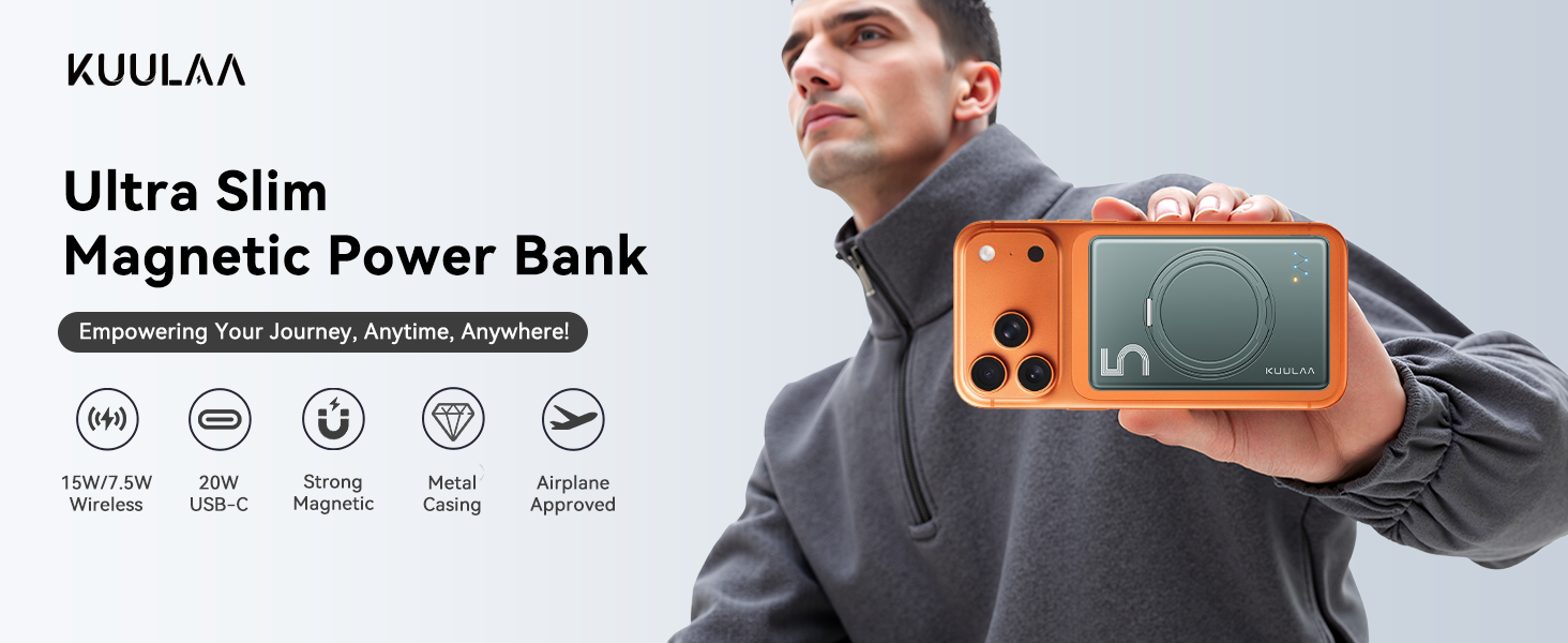 Power Bank Kuulaa MagSafe 5000mAh з бездротовою зарядкою та USB-C, для iPhone 17/16/15/14/13/12, сірий колір