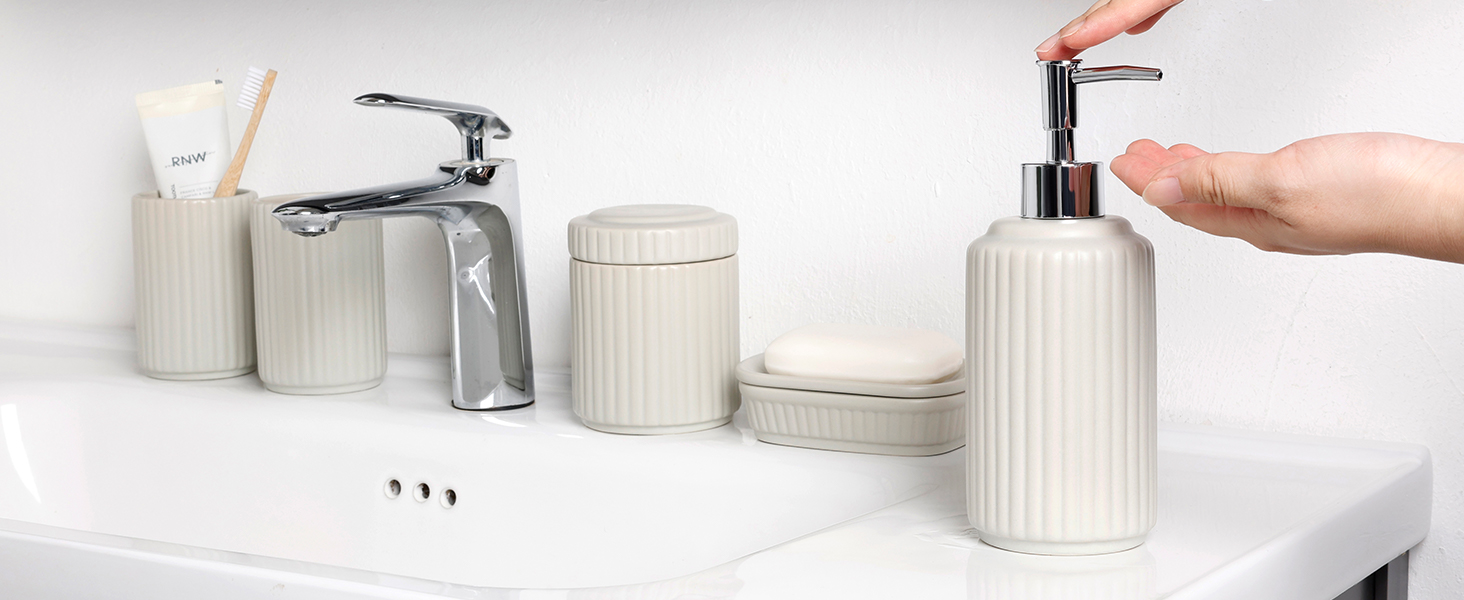 Набір для ванної кімнати NOVAJOY, кераміка, 5 предметів: мильниця, дозатор мила, тримач для зубних щіток, контейнер для ватних паличок, декор для ванної кімнати преміум-якість (абрикосовий сірий)