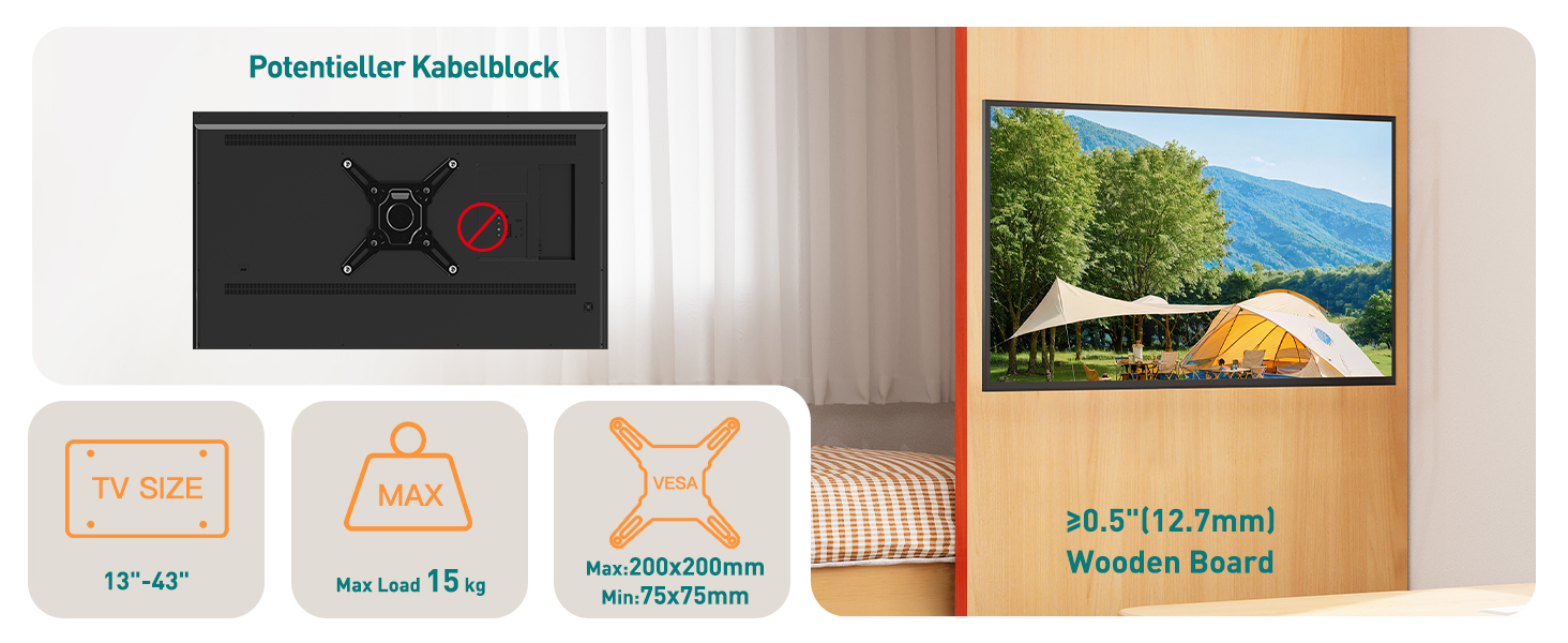 Кріплення для телевізора ELIVED RV TV - для кемпінгу, автодому, вантажівки. Підходить для телевізорів 13-43 дюймів, VESA до 200x200 мм, до 15 кг. Регульоване кріплення.