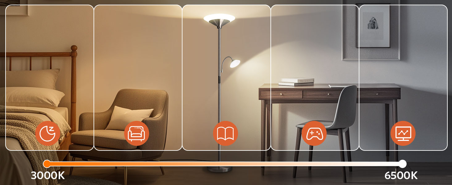 LED торшер BBHome для вітальні з регулюванням яскравості та лампою для читання, 3000K-6500K, з пультом та сенсором, срібний