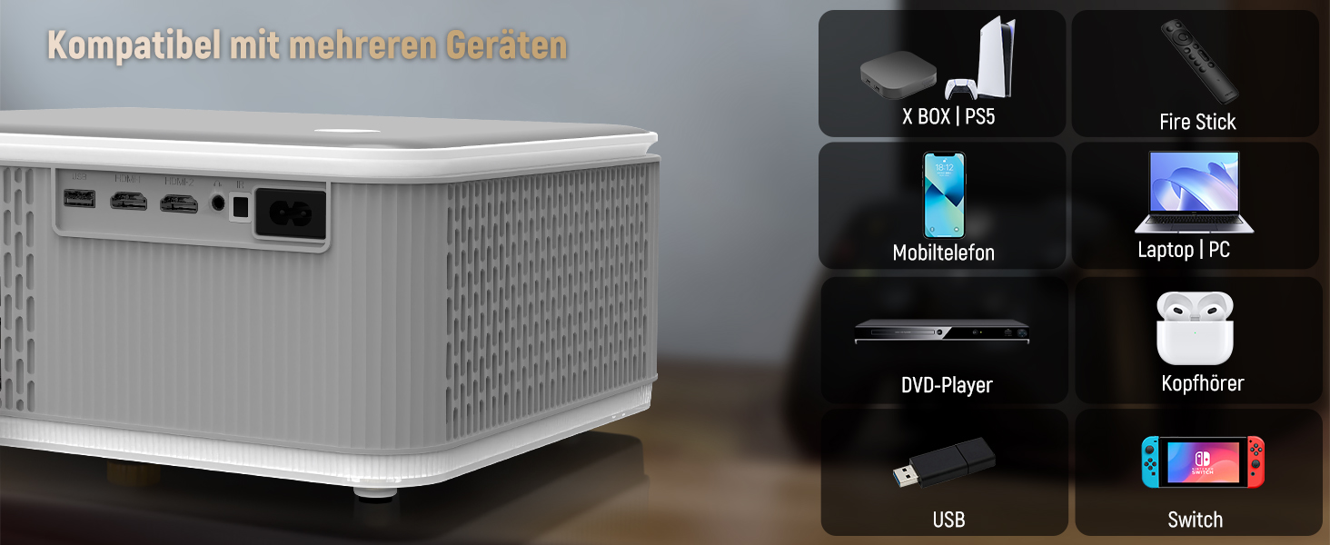 Портативний проєктор Mini Beamer 4K/1080p з Wi-Fi 6 та Bluetooth 5.4. Підтримка Auto Keystone, 200-дюймовий екран, сумісний з ноутбуками, смартфонами та TV (сірий)