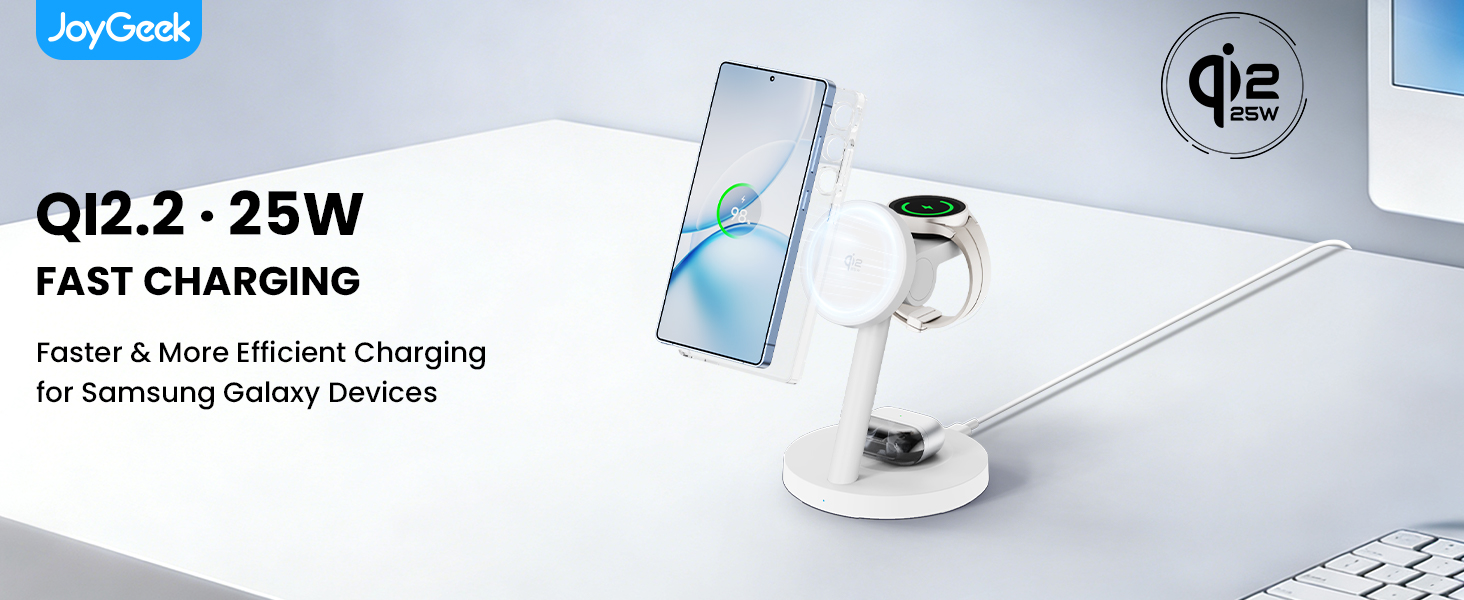 Магнітна індукційна зарядна станція 4 в 1 JoyGeek Qi2.2 25W для Samsung Galaxy S26/S25 Ultra, Z Fold/Flip 8, Galaxy Watch 8-5 Ultra та Buds 4-3 Pro, біла