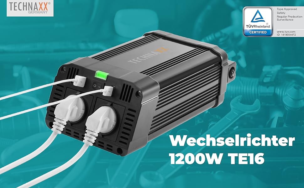 Автомобільний інвертор Technaxx TE16 12В-230В, 1200Вт/2400Вт, 2x Schuko, 2x USB, TÜV Rheinland, перетворювач напруги