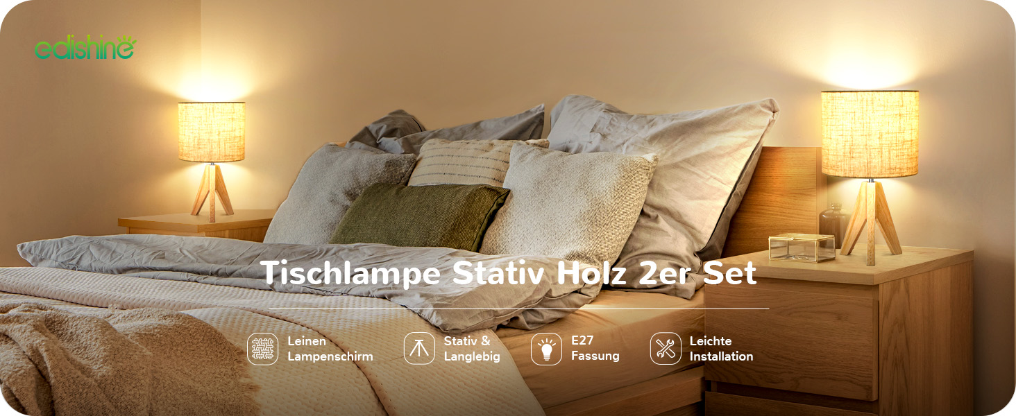 Настільна лампа EDISHINE, 2 шт. у наборі, дерев'яна, з абажуром кольору бежевого льону, цоколь E27, з лампочкою, вінтажний стиль, для спальні, вітальні, подарунок