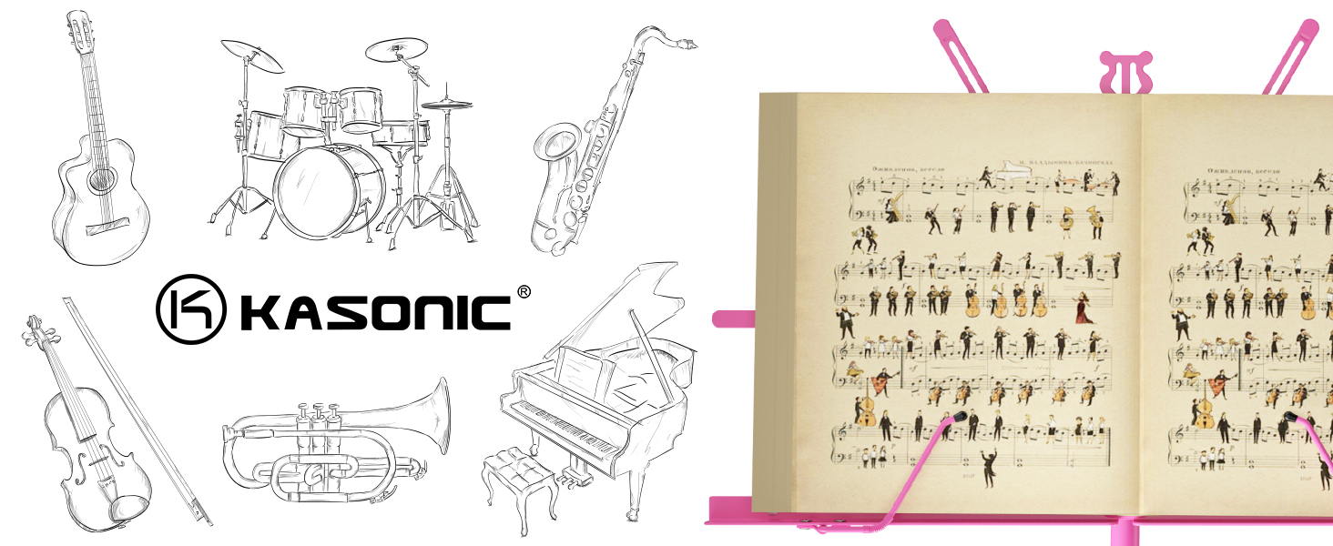 Підставка для нот Kasonic 2-в-1, рожева: складана, портативна, з кліпсами для нот