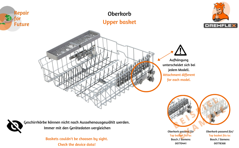 Кошик для верхнього рівня DREHFLEX KORB35-00770441 для посудомийних машин Bosch, Siemens, Neff, сумісний з 00688641, 00688619, 00685076, 00680270, 00662006, 00212900