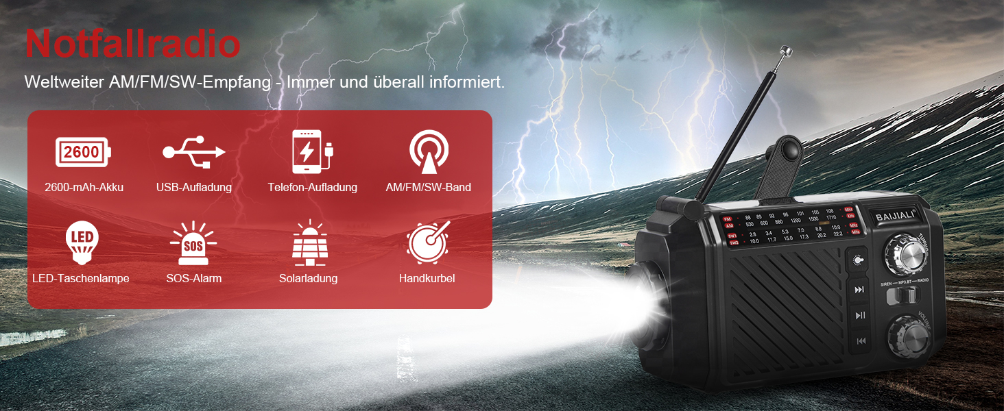 Радіо-приймач Kurbelradio з сонячною панеллю, Powerbank 2600mAh, AM/FM/SW, LED-ліхтарик та SOS-сигналом для екстрених ситуацій (Оранжевий)