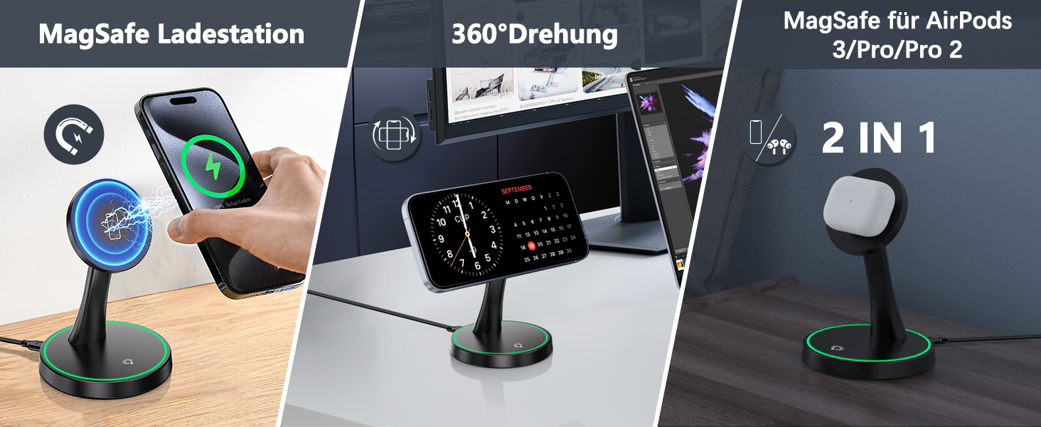 Зарядний пристрій Induktive OANDYS 2-в-1 з підтримкою MagSafe, 15W, для iPhone 17/16/15/14/13/12 та AirPods, бездротовий, з нічним світлом