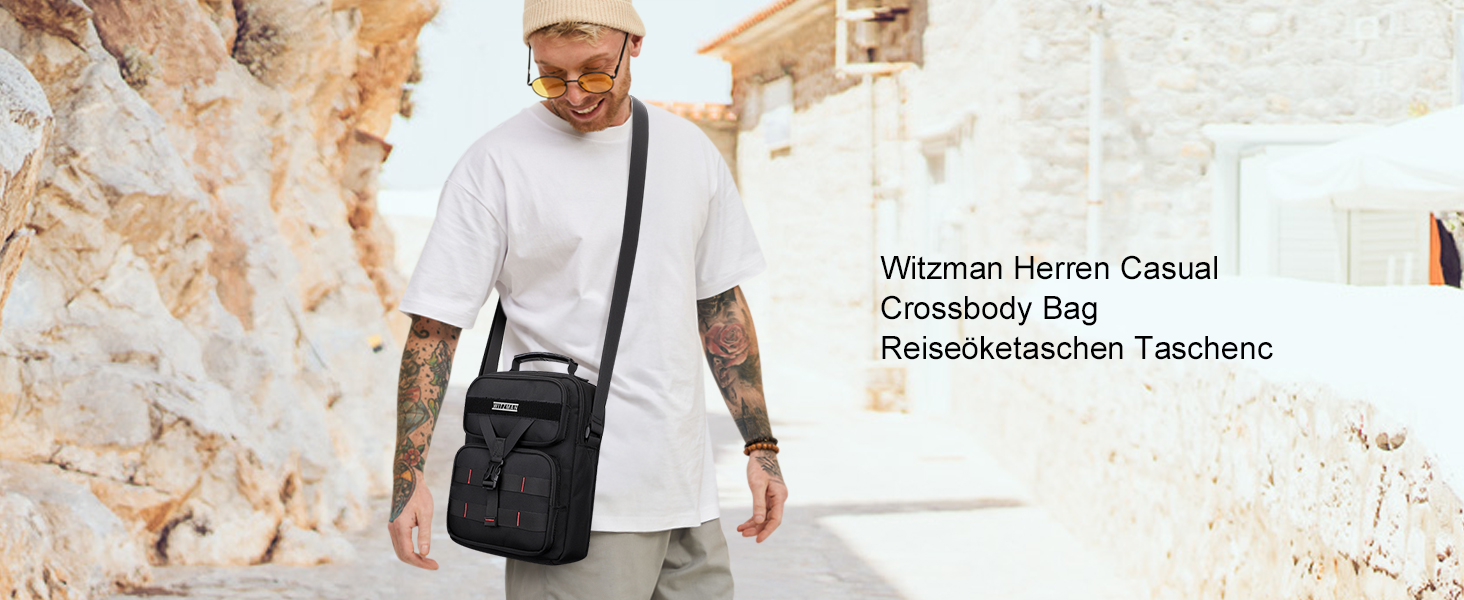 Чоловіча сумка через плече WITZMAN: компактна сумка-месенджер для подорожей, під планшет до 9.7 дюймів (iPad), чорна