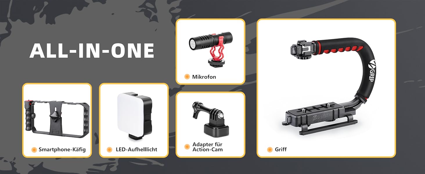 Стабілізатор Zeadio Tripel Zubehörschuh для смартфона з відео-рігом, ручка для камери, екшн-камери, DSLR та смартфонів (Професійний набір)