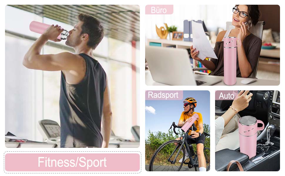 Термокружка-термос з нержавіючої сталі 550 мл, без витоку, з чашкою та ручкою, вакуумна термоізоляція 12 год гаряча / 12 год холодна, неслизька, для кави, спорту, роботи, школи, автомобіля (Рожева)