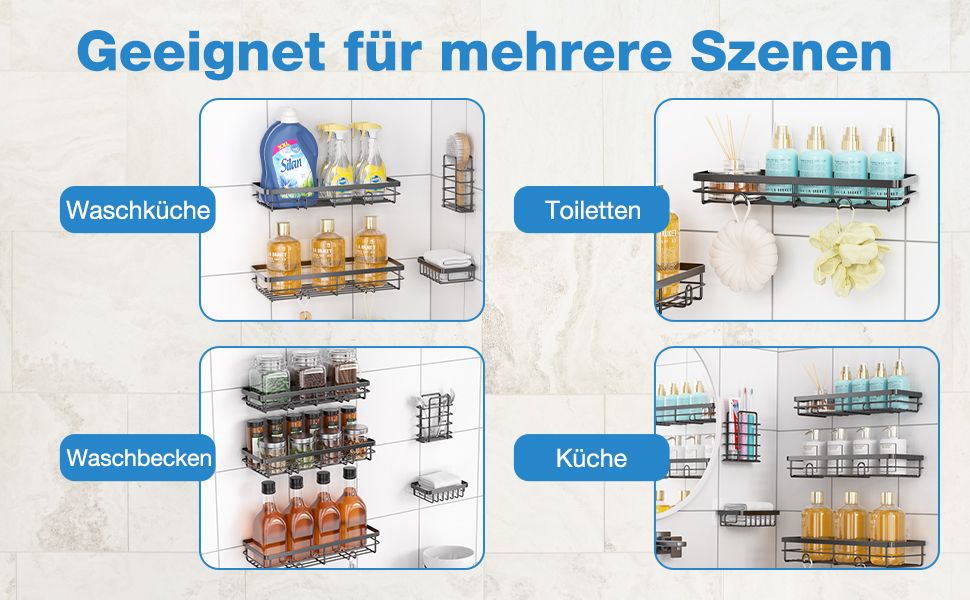 Поличка для душу без свердління, 5 шт. Органайзер для ванної кімнати, кутова поличка для душу з гачками, самоклеюча поличка для ванної та кухні (Чорний)