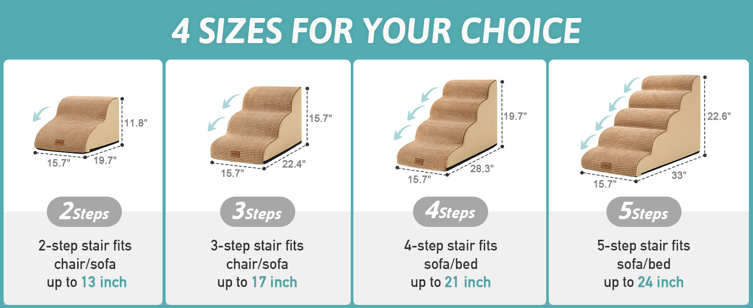 Сходинки для собак маленьких порід 50 см, для ліжка, з високощільним губчатим наповнювачем, 4 сходинки, знімний та миючий чохол, неслизьке покриття, 40x72x50 см, світло-коричневий колір