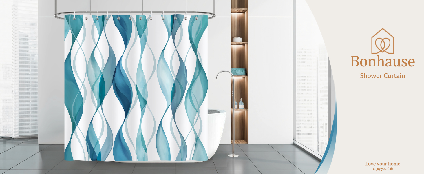 Шторка для душу Bonhause 180x180 см, водонепроникна, антигрибкова, смугаста, поліестер, для ванної кімнати, з 12 кільцями, колір Teal