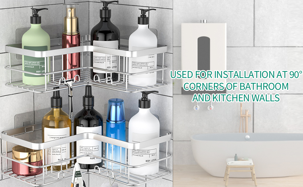 Дзеркальна поличка для душу Yazoni без свердління (2 шт.) - кутова поличка з гачками, нержавіюча сталь, срібна