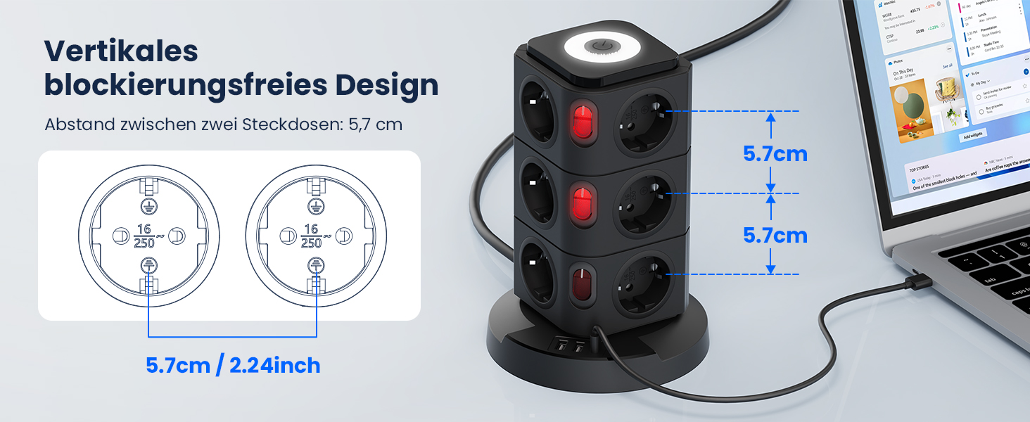 Багаторозеткова станція Acodot Tower з USB, 12 розеток, захист від перенапруги, 4 вимикачі, нічник, 3 USB-порти, кабель 3м, 2500W, для офісу, білий/чорний