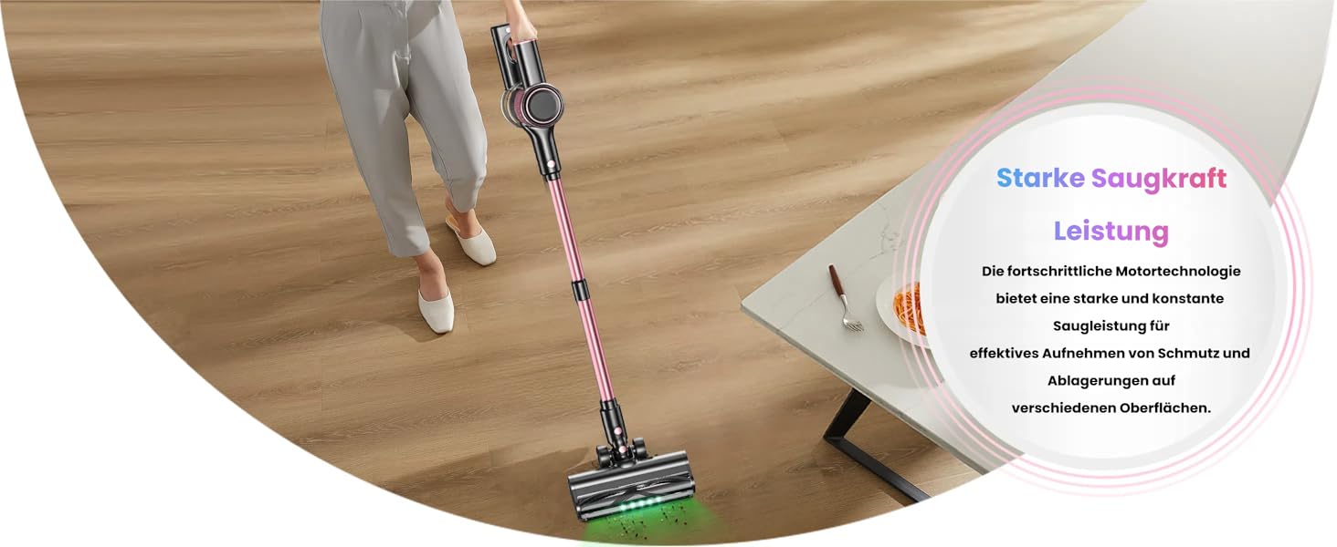 Бездротовий акумуляторний пилосос SUXIANGVAC 45000Pa/500W з LED дисплеєм та антинамотувальною насадкою, 73см подовжуваний шланг для твердих поверхонь, килимів та шерсті тварин, Рожевий