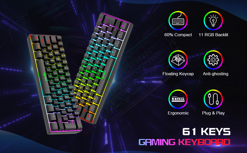 Ігровий комплект клавіатури та миші HXSJ V700: компактна клавіатура TKL з RGB-підсвічуванням та оптична миша з 7 кнопками (до 3600 DPI) для PC та Mac, чорний колір