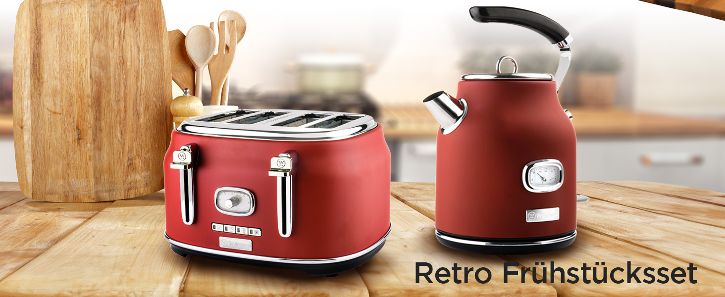 Набір для сніданку Westinghouse Retroline (Чорний): Тостер та чайник, 1.7 л, фільтр від накипу, захист від перегріву, тостер з 4 слотами та підставкою для булочок, зйомний піддон для крихт (комплект з тостером на 4 скибочки червоного кольору)