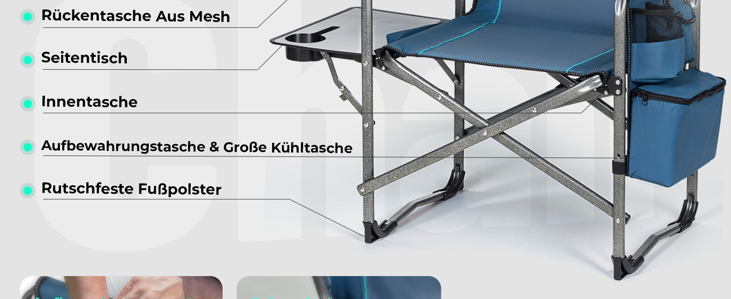Кемпінговий стілець OVERMONT складний з бічним столиком та охолоджувальною сумкою, до 180 кг - блакитно-сірий