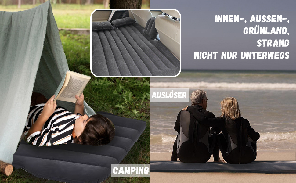 Надувний матрац Auto, чорний, з двома подушками та насосом. Ідеальний для кемпінгу, відпочинку та тематичних вечірок. Пряма форма.