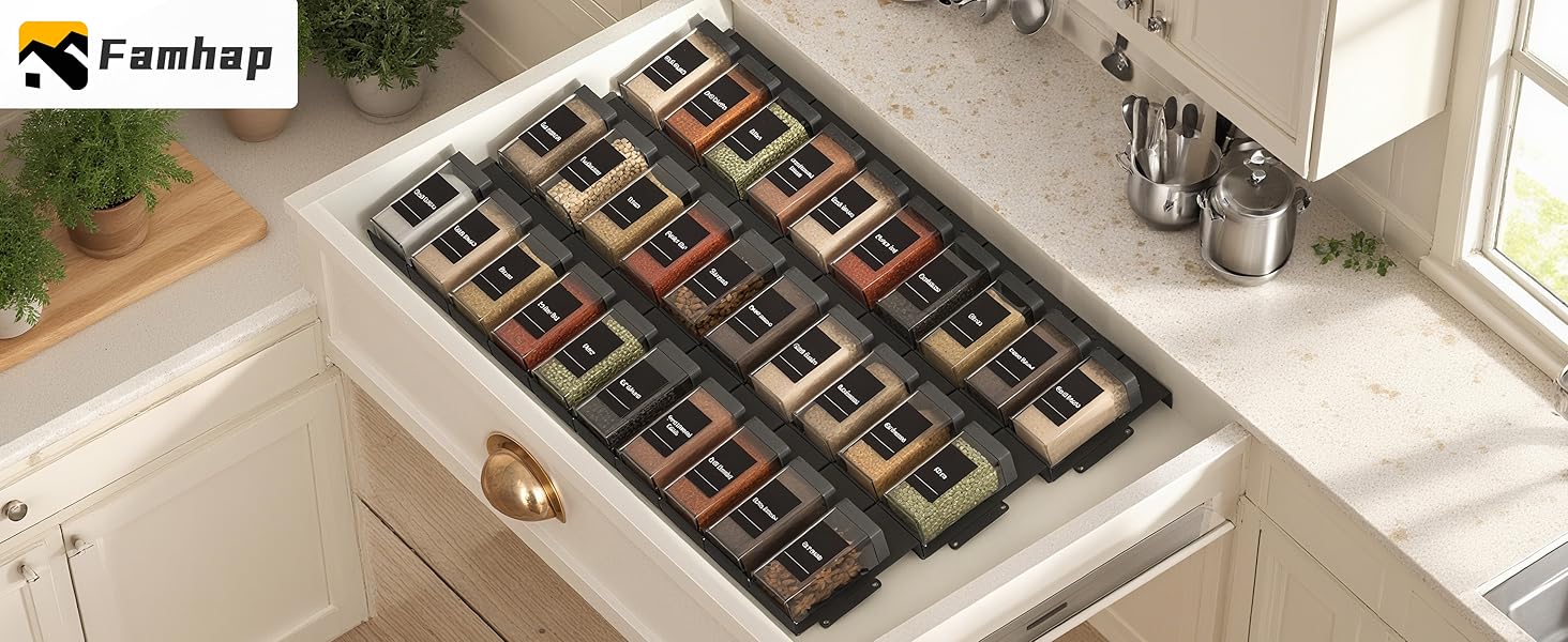 Організатор для спецій Famhap, 24 шт. - полиці для спецій у ящик, чорний | Організатор спецій для кухні