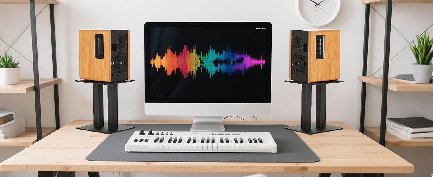 Підставка для аудіо колонки настільна, 25 см, метал, чорна, пара, з антиковзкими гумовими смужками, 21 x 24 x 25 см