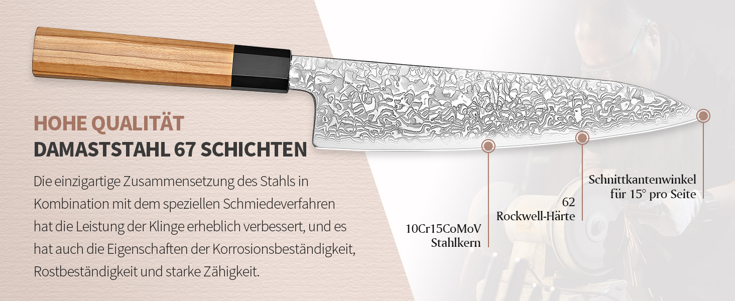 Японський ніж XINZUO Damaststahl Kiritsuke 21.5 см з нержавіючої сталі Дамаск, ніж шеф-кухаря Gyuto з ручкою з оливкового дерева та чорного рогу буйвола, з піхвою (набір з 5 ножів)