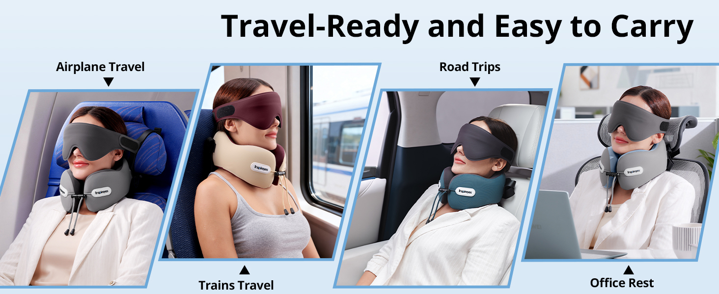Подушка для шиї у літак з ременем безпеки та 3D маскою для сну, блакитна. Підтримка шиї та голови, високоякісний пінополіуретан, запобігає нахилу голови.