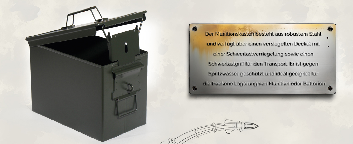 Металева ящик для набоїв US Ammo Box, з замком, для зберігання патронів і літієвих батарей, 28 см, із захисним кільцем 30 см