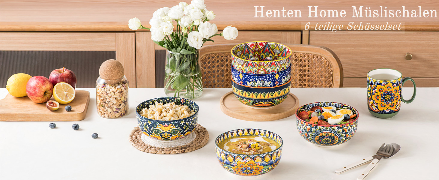 Набір супових тарілок Henten Home, 4 шт. - порцелянові десертні/сніданочні тарілки, 300 мл, для морозива/рису/десерту, кольорові сервіровочні миски, 4 шт. - Богемний стиль