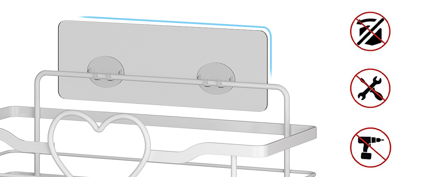 Двосекційна поличка для душу без свердління з 4 гачками, органайзер для шампуню та мила, поличка для ванної кімнати (11.5 см, білий)