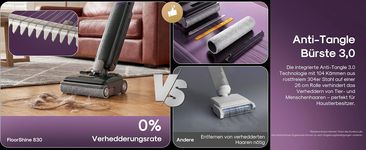Акумуляторний миючий пилосос EUREKA FloorShine 830 для твердих підлог, 24000 Па, з функцією самоочищення та сушіння гарячим повітрям 75°C, Anti-Tangle 3.0, 60 хв роботи