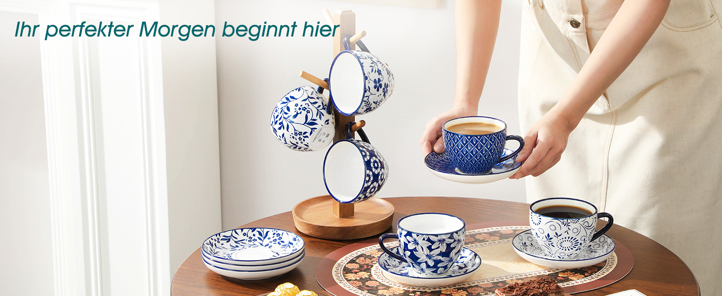 Набір кавових чашок капучіно Vancasso Selene 6 шт., 240 мл, блакитно-білий вінтажний дизайн, високоякісне фарфорове покриття, придатні для миття в посудомийній машині та використання в мікрохвильовій печі