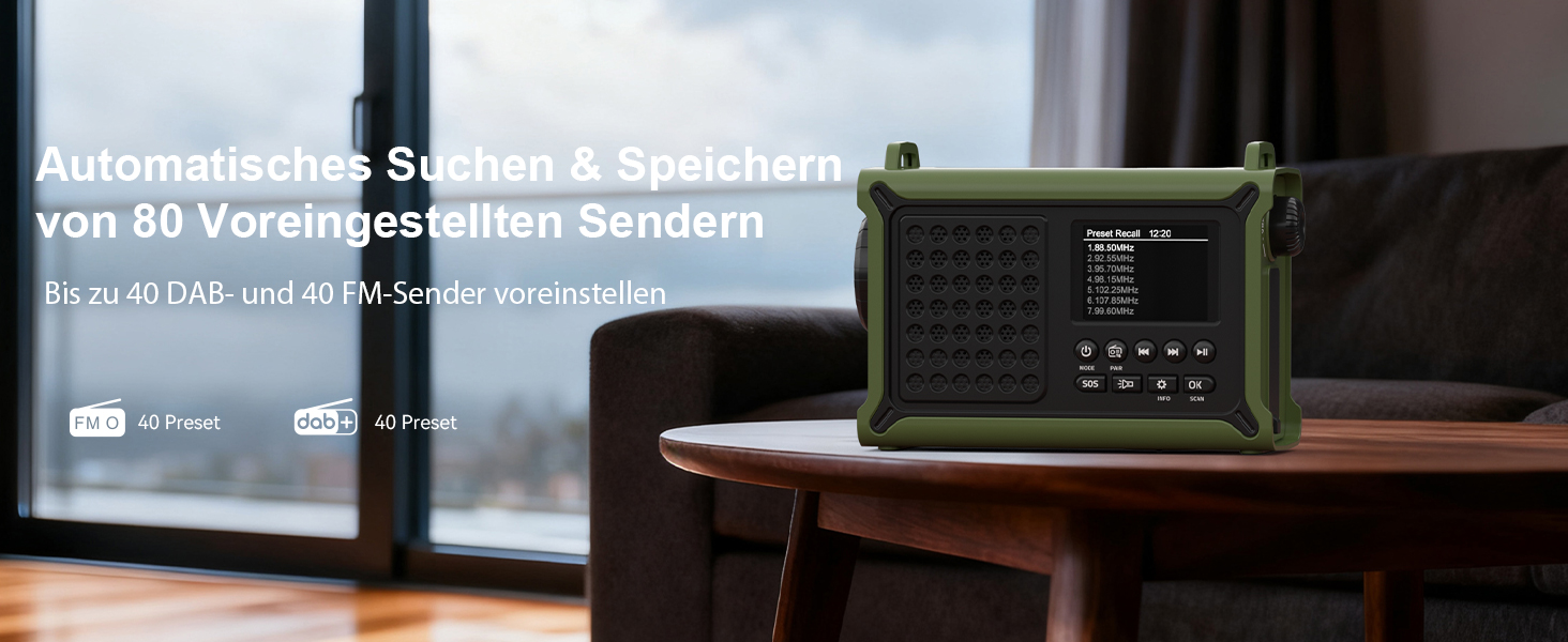 Радіоприймач Kurbelradio з DAB/DAB+/UKW, акумулятор 12000mAh, сонячна панель 8500mm², ручний генератор, Bluetooth 5.0, ліхтарик та світло для читання, для відпочинку на природі, кемпінгу, зелений