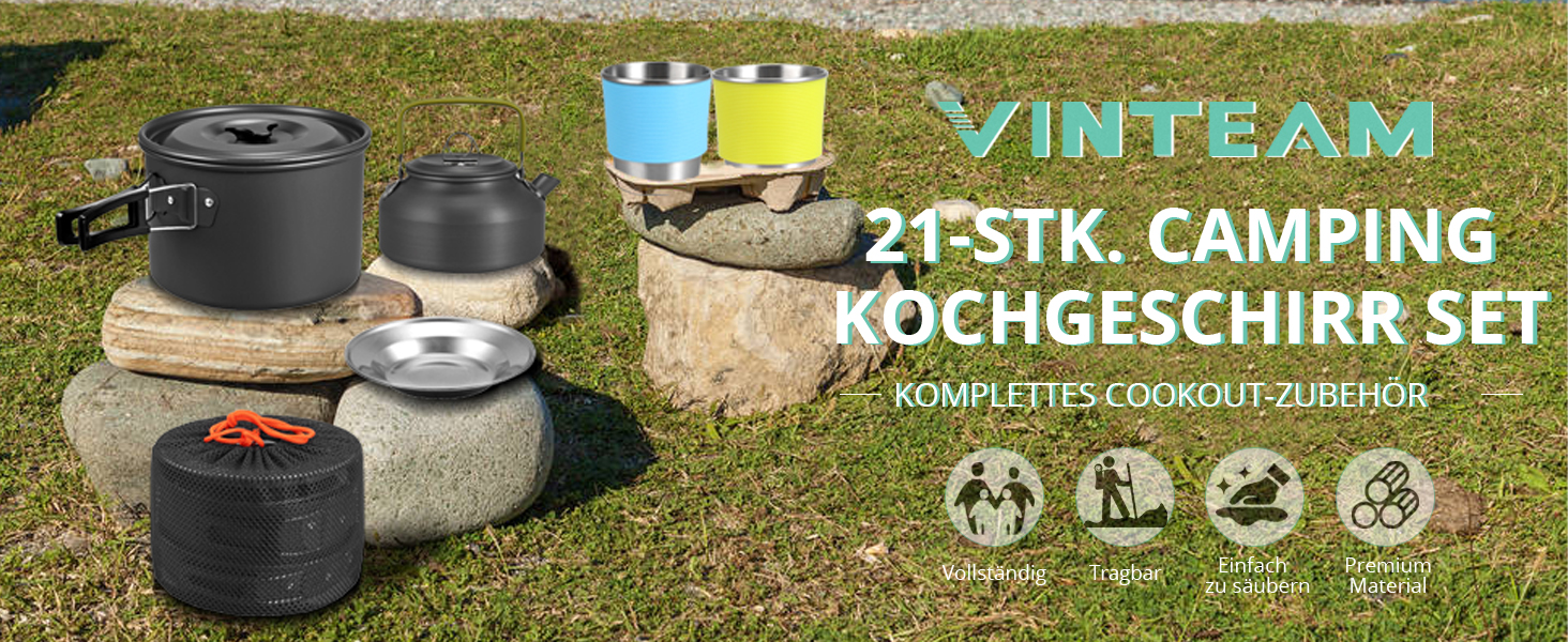 Набір посуду для кемпінгу Vinteam: 21 предмет, для 4 особи, туристичний посуд, казанок, міні-посуд
