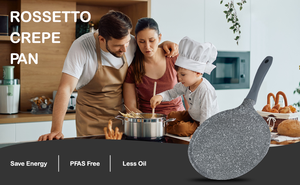 ROSSETTO Crepe Pan Induction 26cm Pancake Pan with PFAS-free Ceramic Coating, Pancake Pan Inner Diameter 24 cm, Die-Cast Aluminum Fry Pan, Suitable for All Cooktops, Sanstone Grey 24cm