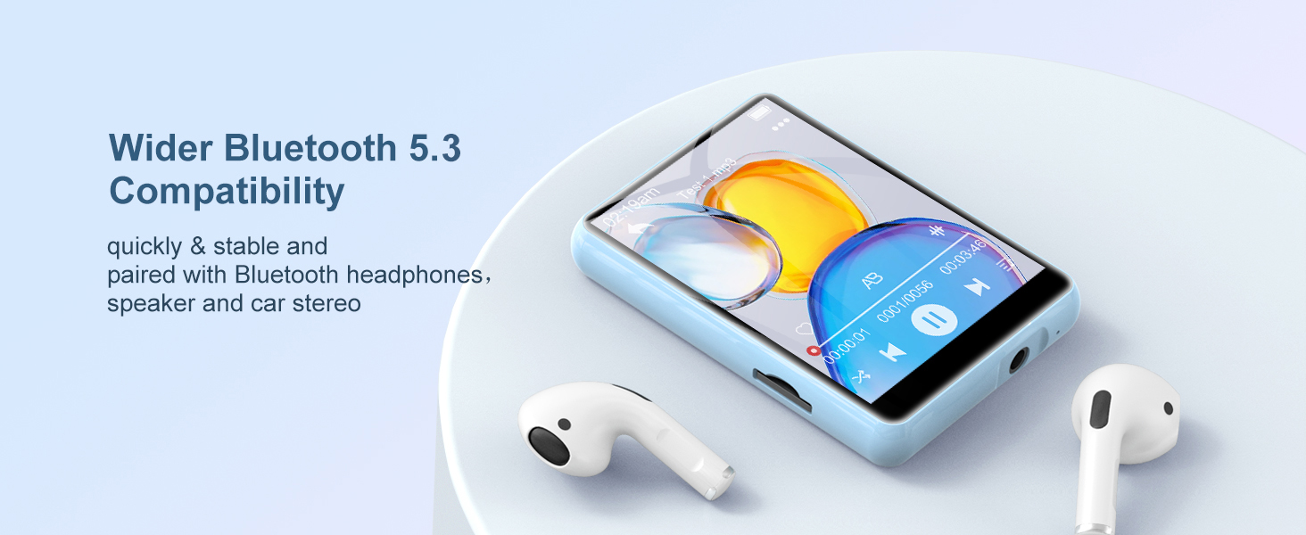 MP3-плеєр 64GB Bluetooth 5.3 з сенсорним екраном 2.4' для дітей, FM-радіо, запис голосу, Line-In (Чорний, Синій)