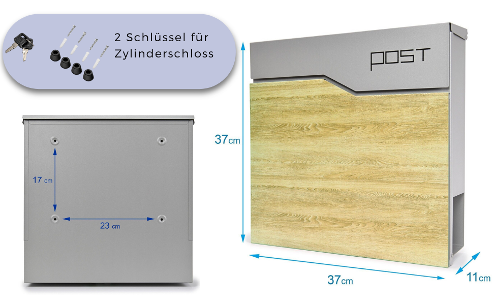 Поштова скринька Verda Anthracite з газетницею, порошкове покриття AkzoNobel, 2 ключі, табличка з іменем, персоналізована, дизайнерська настінна поштова скринька з нержавіючої сталі (срібло з виглядом дерева)