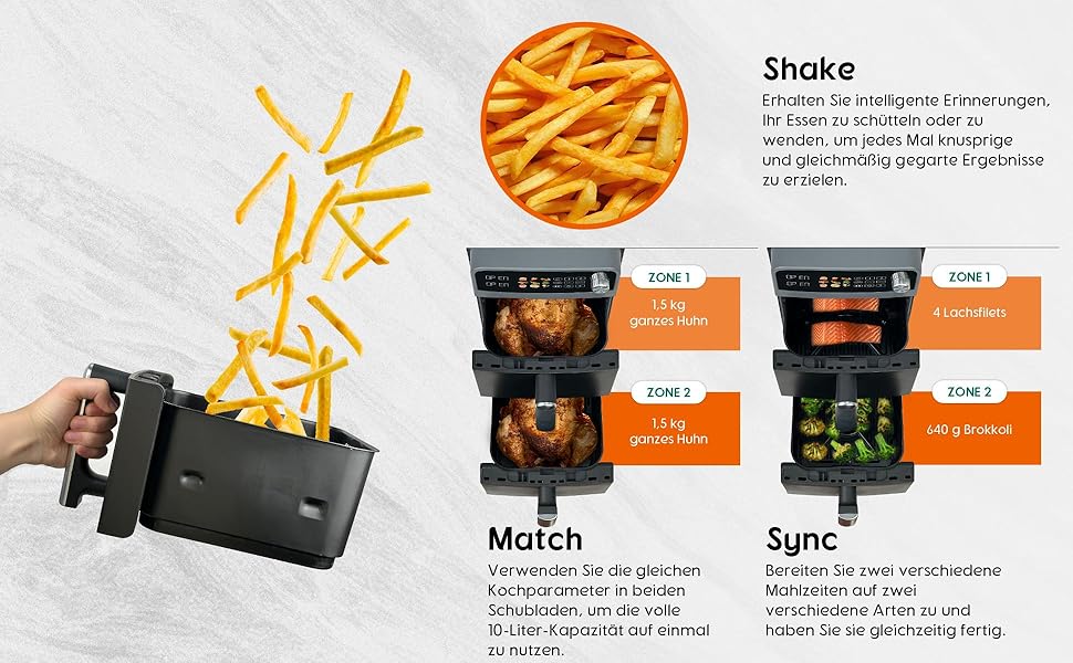 Фритюрниця повітряна подвійна 10L з 2 відсіками | 2400W, 9 програм, таймер, економія енергії, миється в посудомийній машині, сірий колір