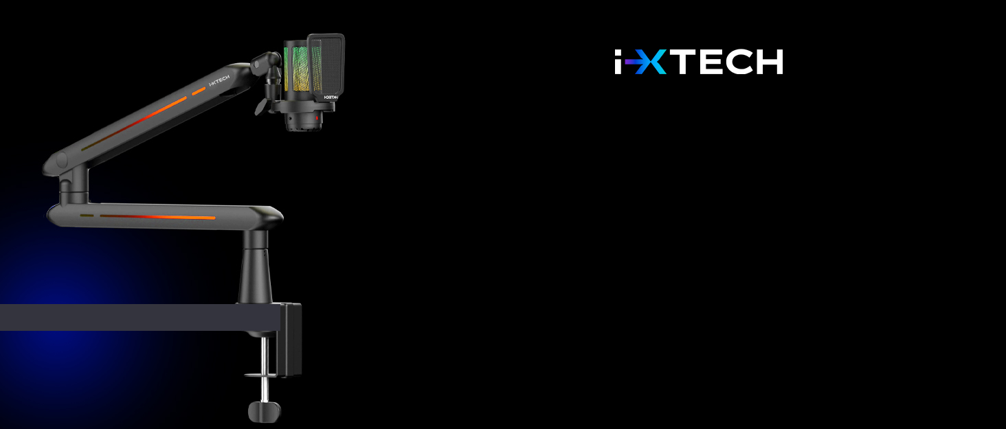 Кріплення для мікрофона IXTECH RGB Low Profile з регулюванням, настільний стійка з кріпленням, поворотний мікрофонний тримач з кабельною організацією для стрімінгу та подкастів, 4 ящірки RGB