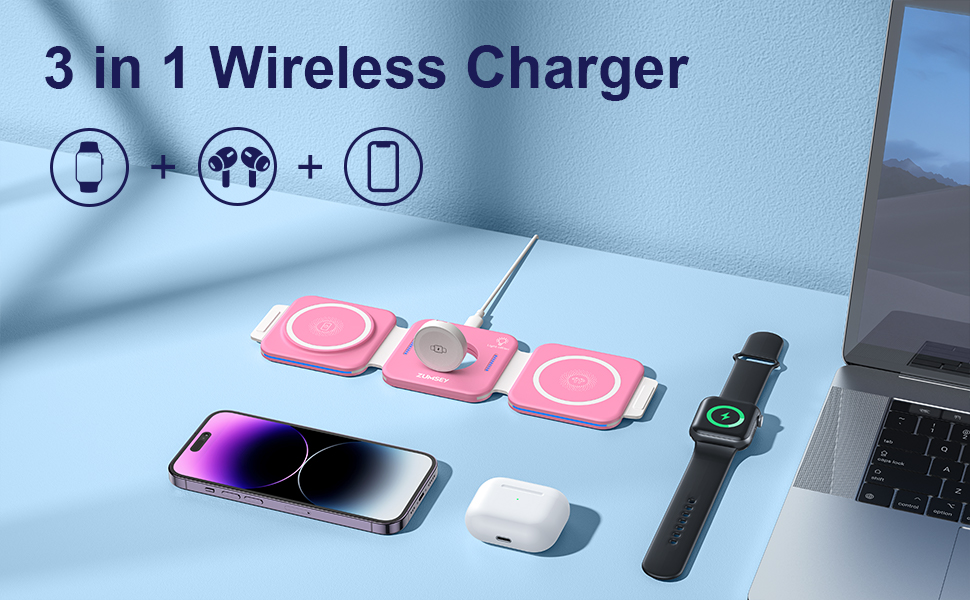 3-в-1 Бездротова зарядка для Apple Watch та iPhone (Рожева)