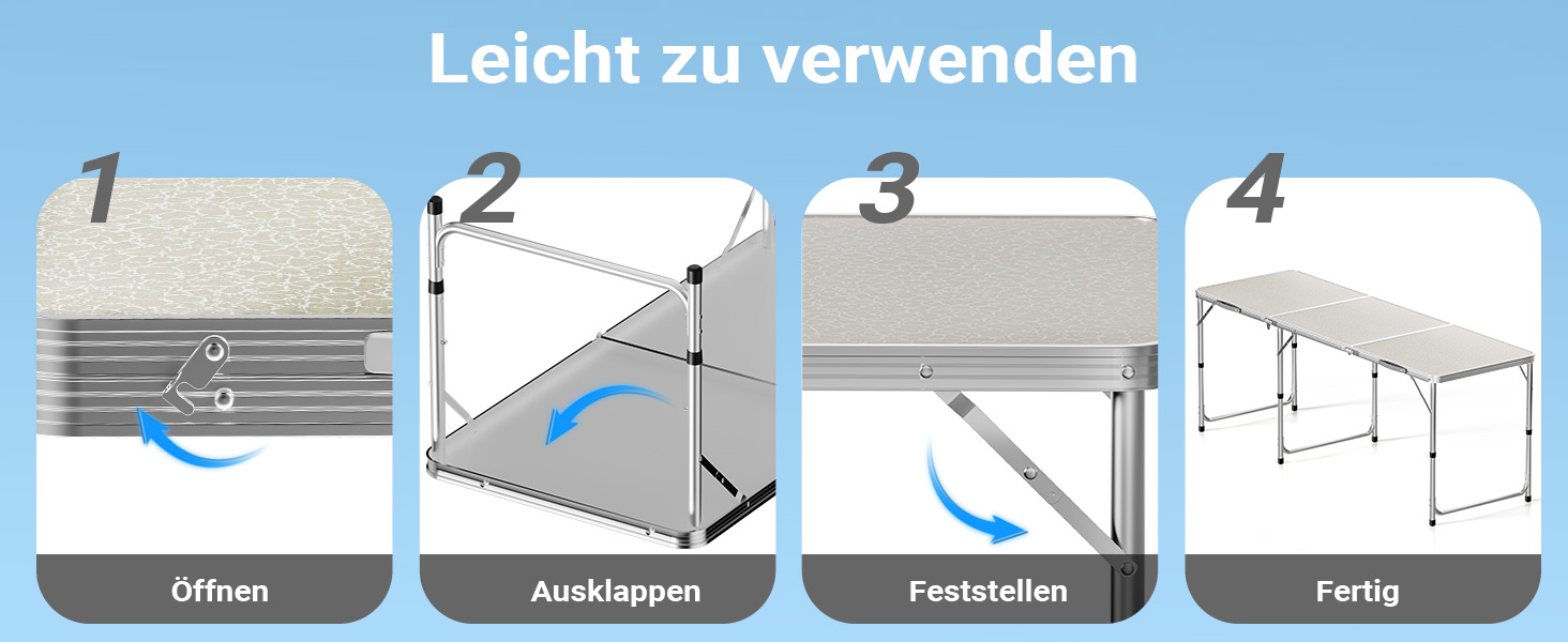 Складаний туристичний стіл 180x60x70 см з регулюванням висоти, алюмінієвий каркас, стільниця МДФ, багатофункціональний, для кемпінгу, саду, дачі