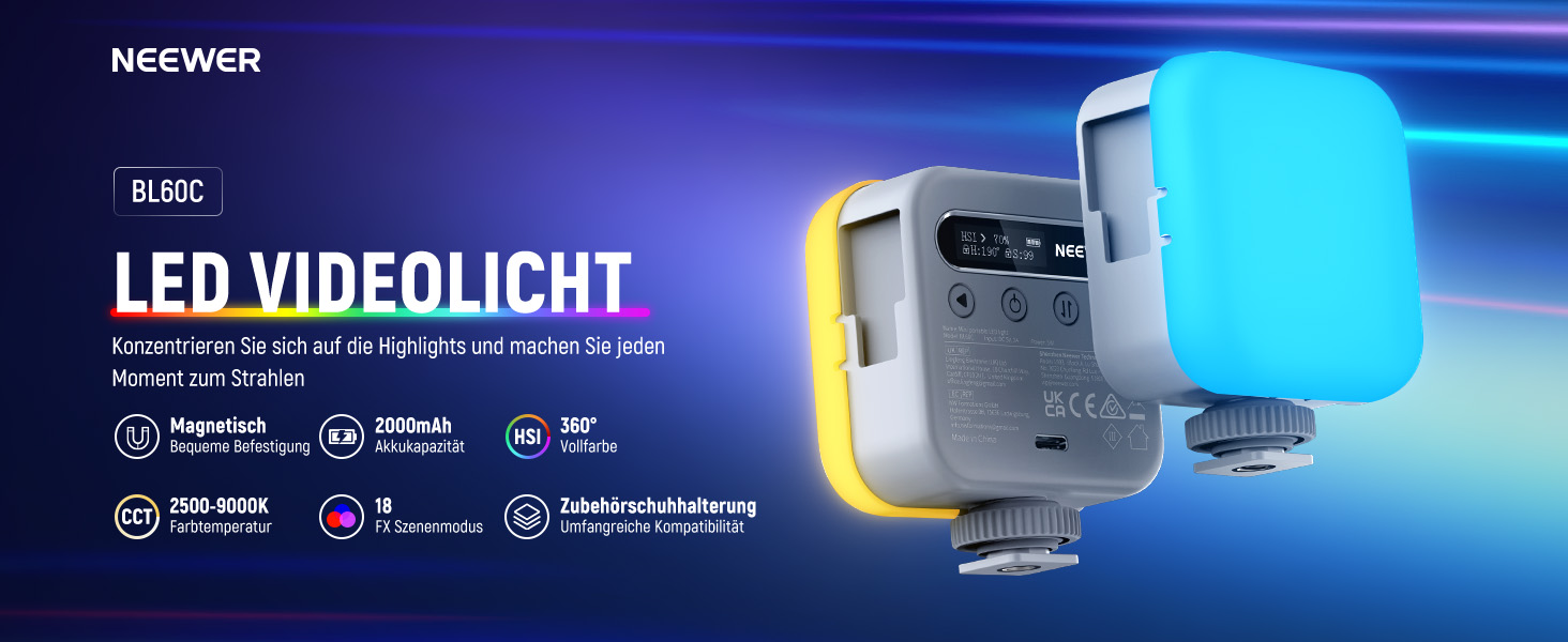 NEEWER BL60C LED-панель для відеозйомки: RGB, 8W, 2700K-7500K, портативна, з акумулятором 4000mAh, метал, CRI 97